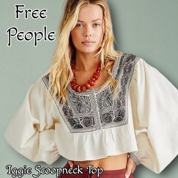 Free People Tops - NWT FREE PEOPLE Iggie Embroidered Scoop Neck Long Sleeve Cotton Crop Top/Md